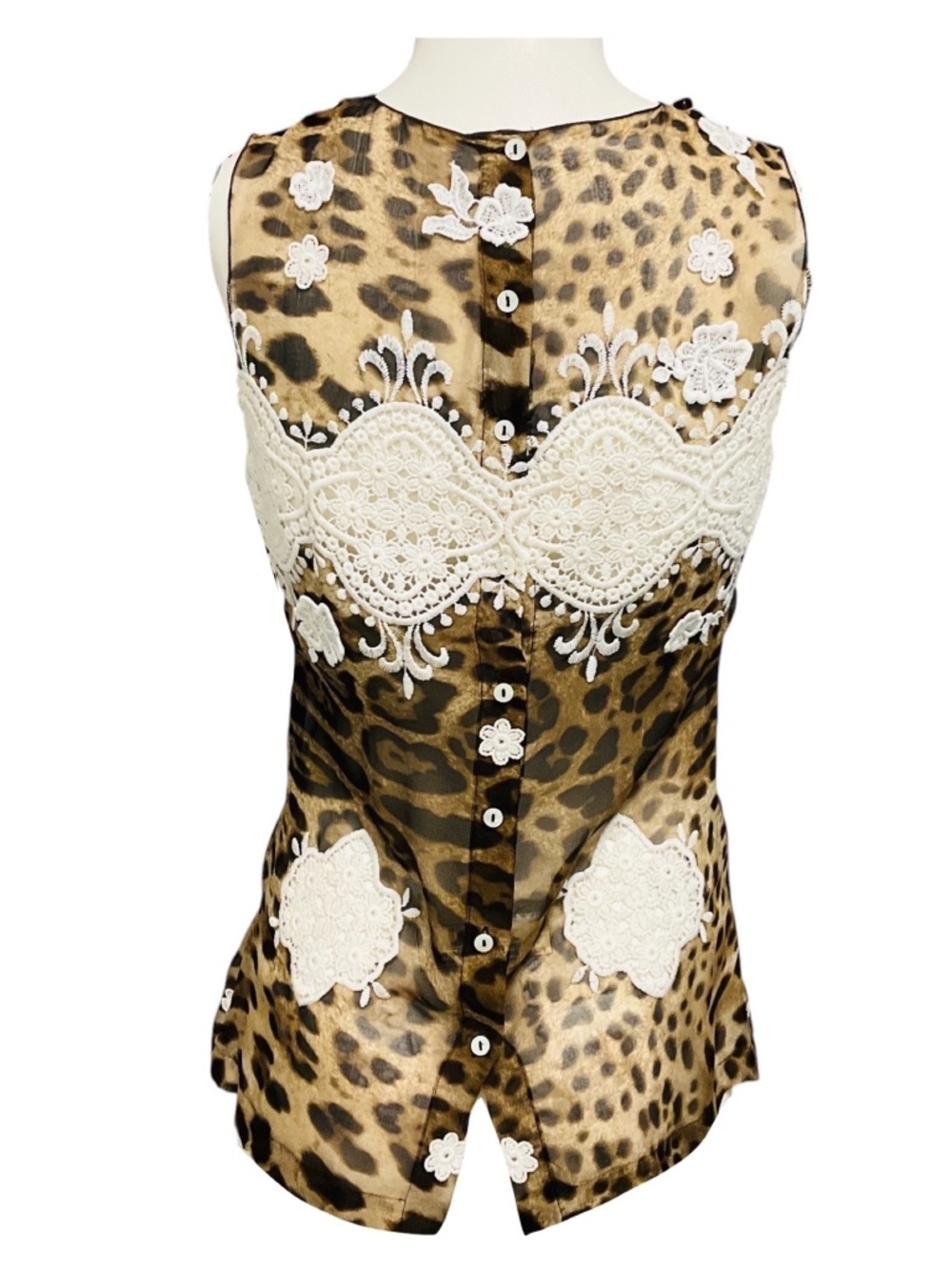 DOLCE & GABBANA TAN / BROWN / BLACK / WHITE FLORAL LACE EMBELLISHED SLEEVELESS L - Picture 3 of 4